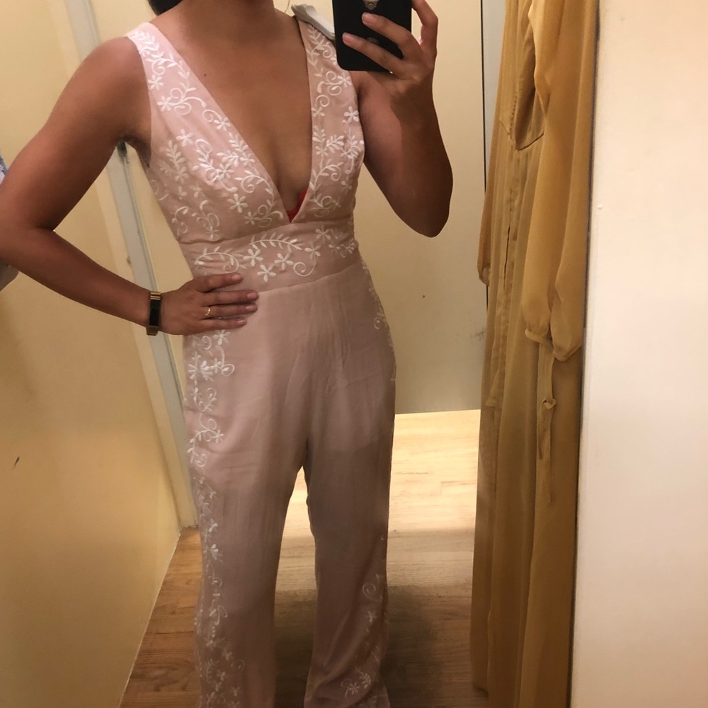 Pink flower embroidered low cut pant suit romper